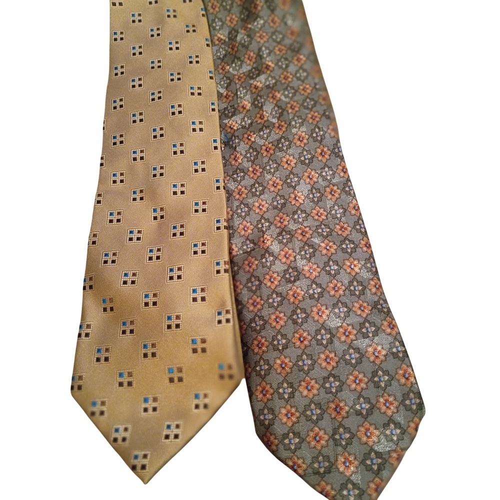 Lot of 2 Ermenegildo Zegna Paul Dione Silk Ties Floral Geometric Gold Grey